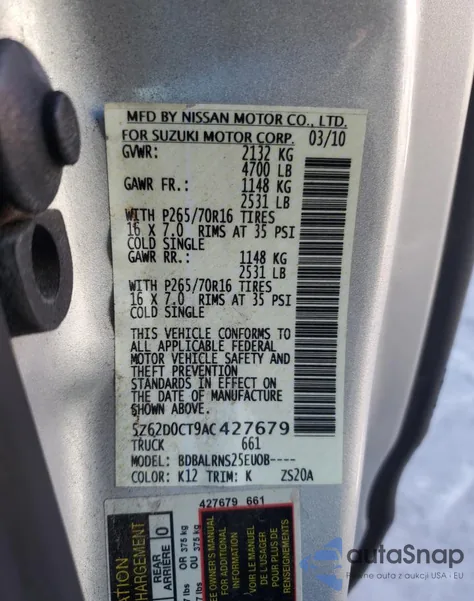 2010 Suzuki Equator Base from USA, damaged, VIN 5Z62D0CT9AC427679